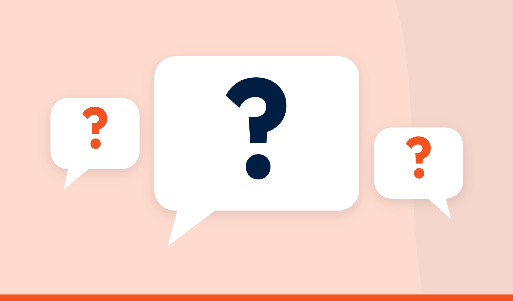Three white speech bubbles each containing a question mark, one large and navy and two small and orange