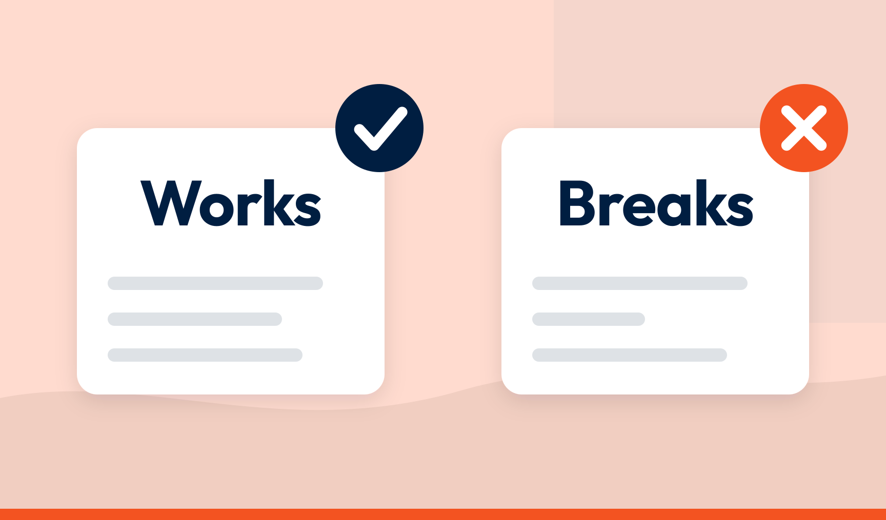 Two cards side by side: Works with a navy tick badge and Breaks with an orange cross badge